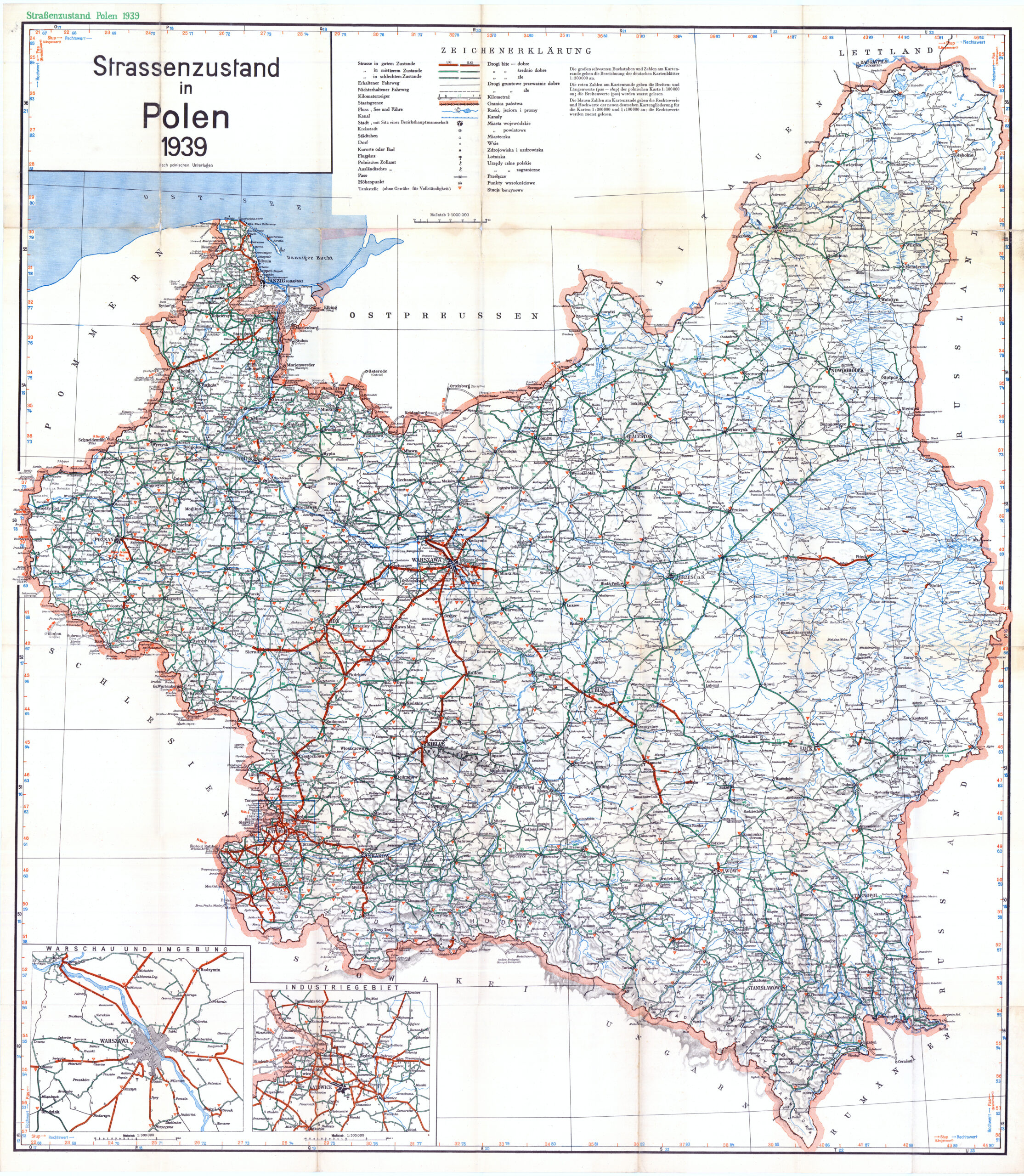 Strassenzustandskarte von Polen 1:1.000.000 (Deutsche Karte, 1939)